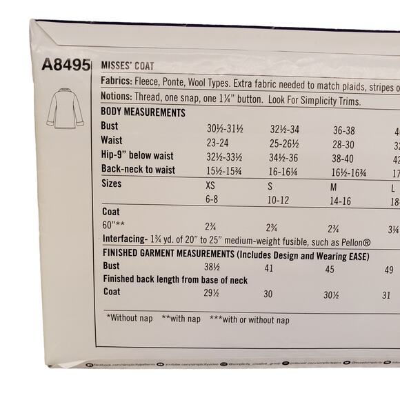 Simplicity A8495 Sewing Pattern Coat Asymmetrical Closure Misses Sz XS-XL UNCUT - Picture 3 of 5